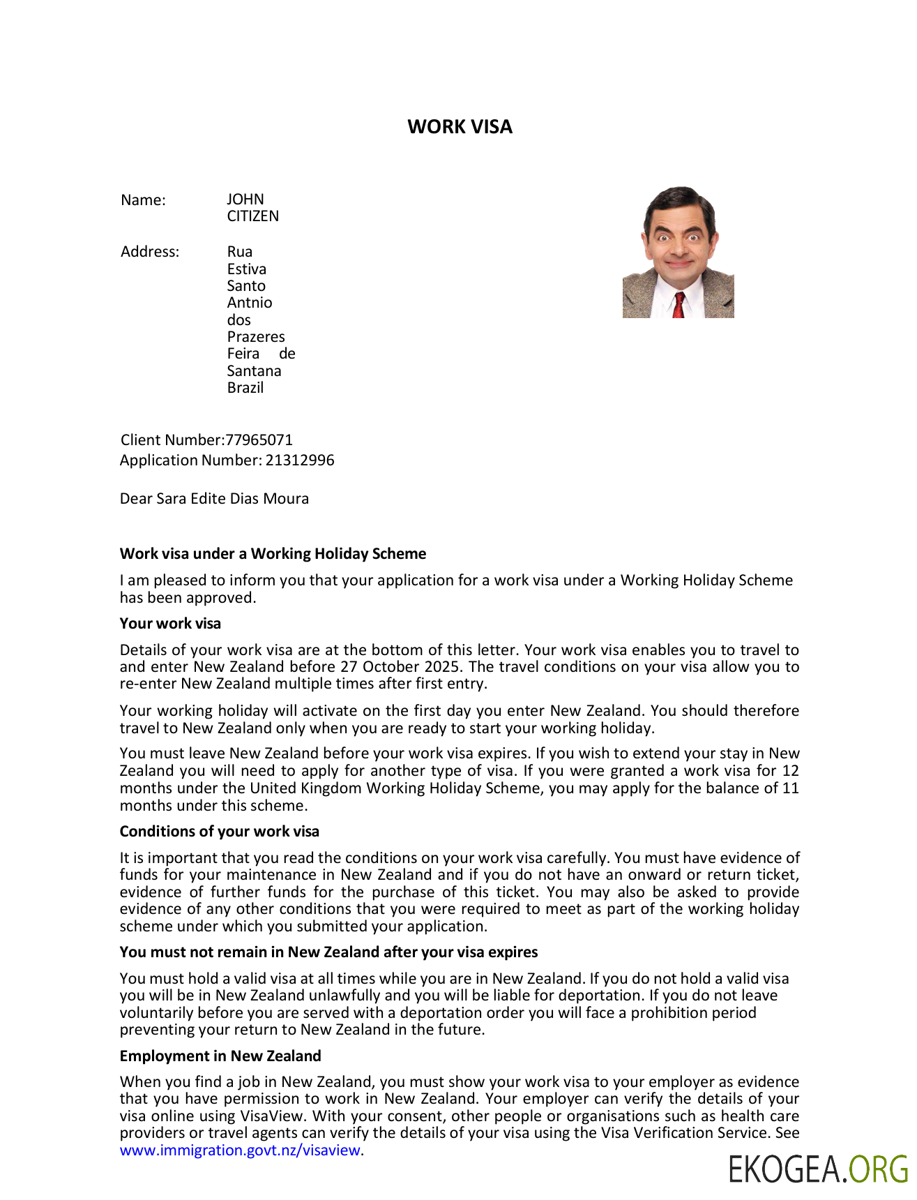 Modèle de visa électronique pour la Nouvelle-Zélande aux formats Word et PDF template